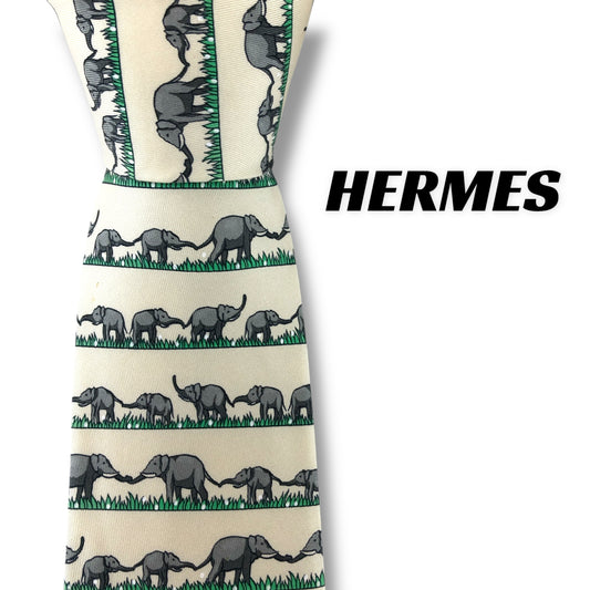 【7304】良品ー可品！エルメス　ネクタイ　クリーム系　ゾウ柄