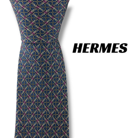 【7305】美品！エルメス　ネクタイ　ブルー系　H柄