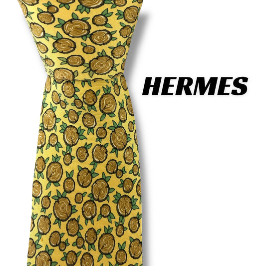 【7308】良品！エルメス　ネクタイ　イエロー系　切り株柄
