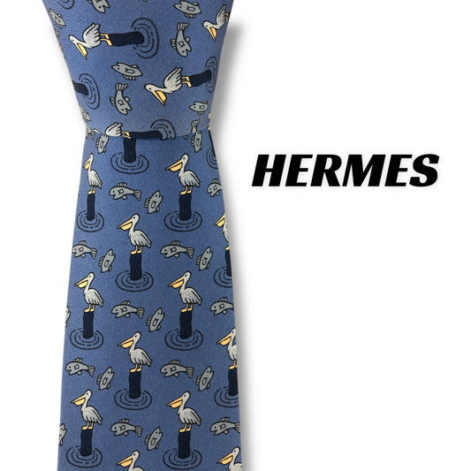 【7312】良品ー可品！エルメス　ネクタイ　ブルー系　ペリカン柄　魚柄