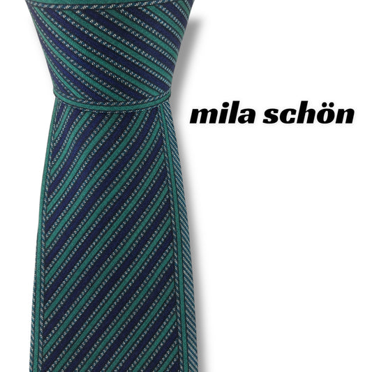 【7313】良品！ミラショーン　ネクタイ　ネイビー系　グリーン系　ストライプ柄