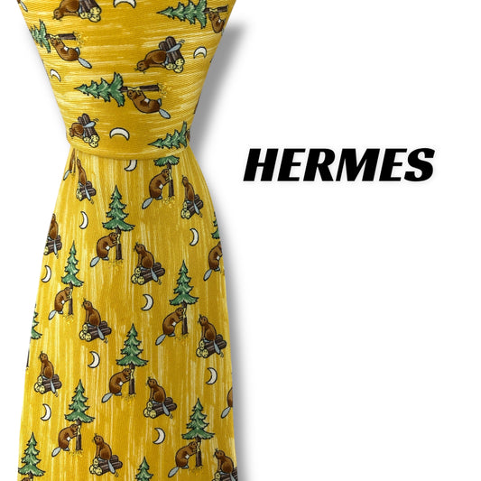 【7314】美品ー良品！エルメス　ネクタイ　イエロー系　ビーバー柄