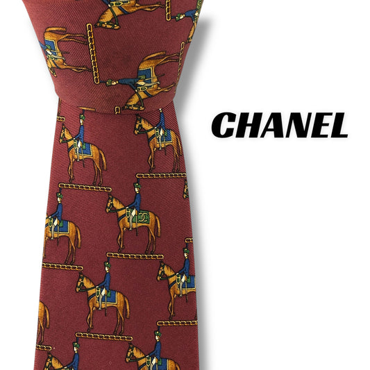 【7322】良品！シャネル　ネクタイ　レッド系　ゴールドチェーン
