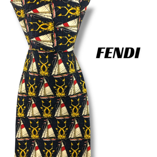 【7332】良品！フェンディ　ネクタイ　ダークネイビー系　ヨット柄