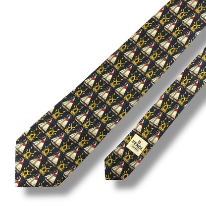 【7332】良品！フェンディ　ネクタイ　ダークネイビー系　ヨット柄