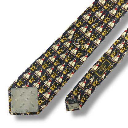 【7332】良品！フェンディ　ネクタイ　ダークネイビー系　ヨット柄