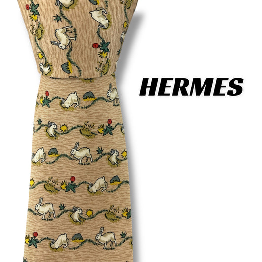 【7339】美品！エルメス　ネクタイ　ベージュ系　うさぎ柄