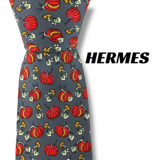 【7341】可品！エルメス　ネクタイ　グレー系　かぼちゃ柄