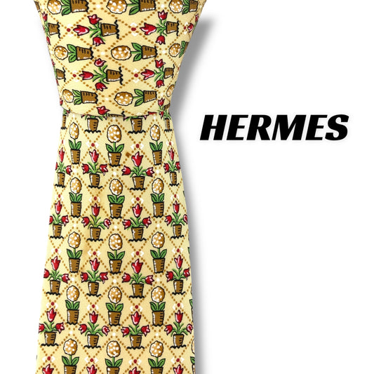 【7342】美品！エルメス　ネクタイ　薄黄色系　花柄