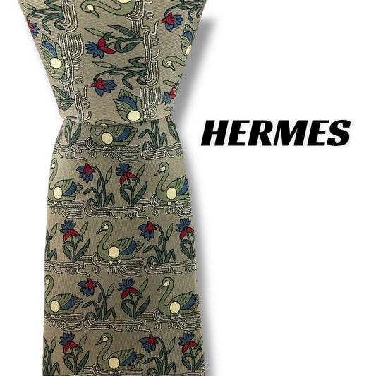 【7343】美品！エルメス　ネクタイ　グレーベージュ系　花柄
