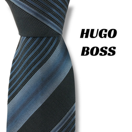 【7348】美品ー良品！ヒューゴボス　ネクタイ　ブルー系　ストライプ