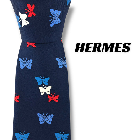 【7349】美品！エルメス　ネクタイ　ネイビー系　蝶柄