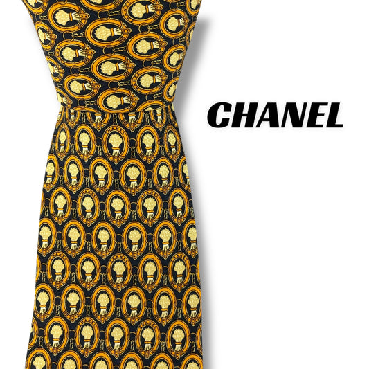 【7364】美品！シャネル　ネクタイ　青×黄系　ゴールドチェーン
