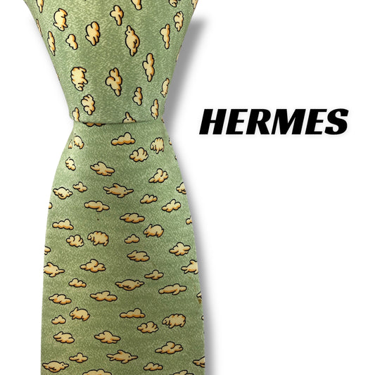 【7371】可品！エルメス　ネクタイ　黄緑系　雲柄