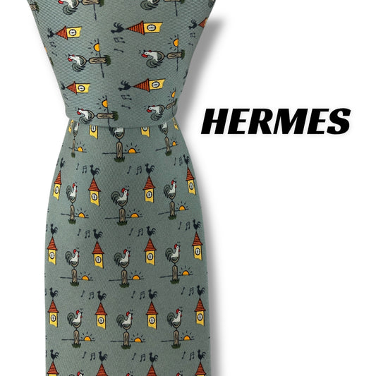 【7372】良品！エルメス　ネクタイ　薄緑系　にわとり柄