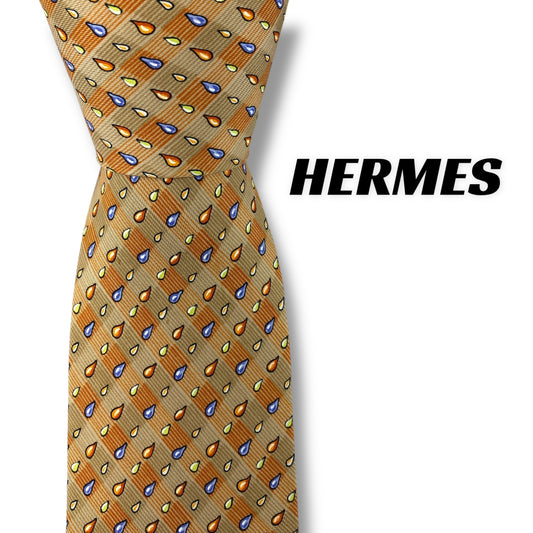 【7373】良品！エルメス　ネクタイ　オレンジ系　しずく柄