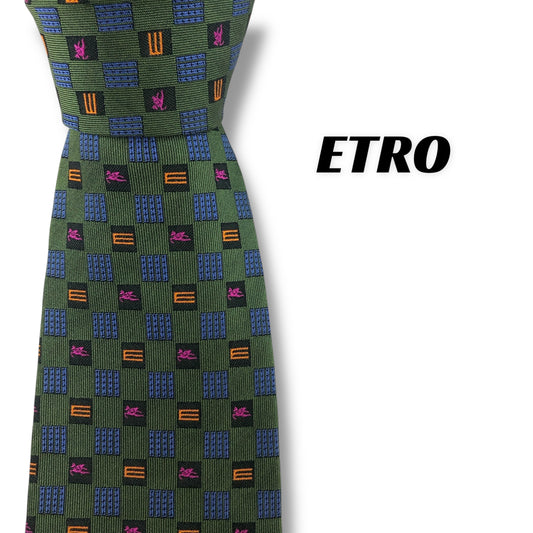 [7380] Good quality! Etro tie in green with logo pattern 