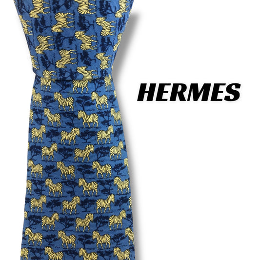 [7388] Good condition! Hermes tie, blue, zebra pattern 