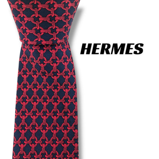 【7397】良品！エルメス　ネクタイ　ネイビー系　レッド系
