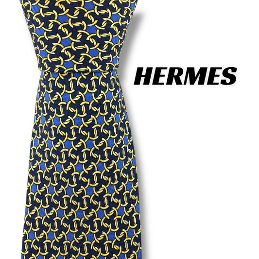 【7398】良品！エルメス　ネクタイ　ネイビー系