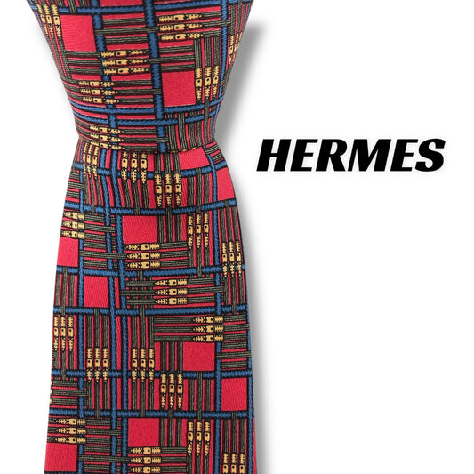 【7403】美品ー良品！エルメス　ネクタイ　レッド系