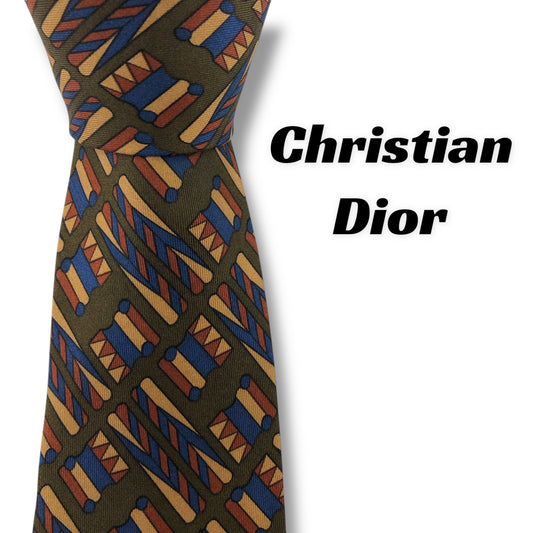 【7406】良品！クリスチャンディオール　ネクタイ　カーキ系