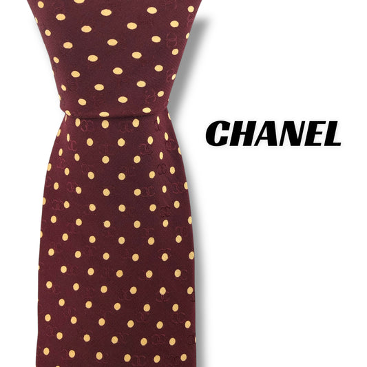 [7415] Good quality! Chanel tie, burgundy, polka dot pattern, Coco mark 