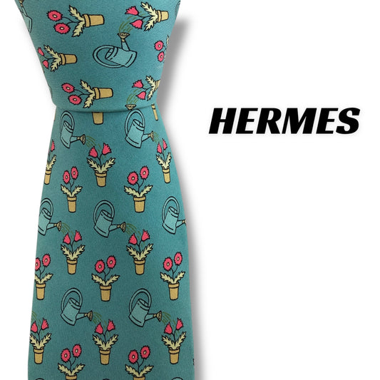 [7417] Good condition! Hermes necktie, emerald green, floral pattern 