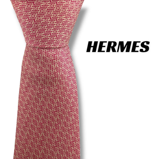 [7431] Good quality! Hermes necktie, pink, H pattern 