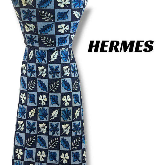 【7435】可品！エルメス　ネクタイ　ブルー系　葉っぱ柄