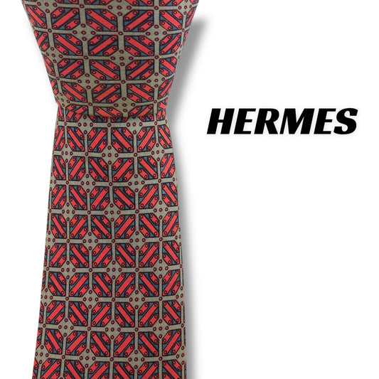 【7436】可品！エルメス　ネクタイ　レッド系