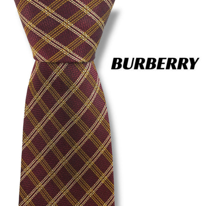 [7438] Good quality! Burberry tie, Bordeaux, check pattern 