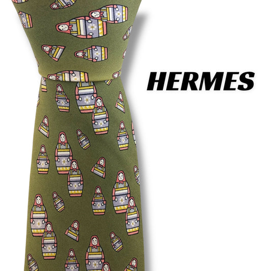 【7440】可品！エルメス　ネクタイ　グリーン系