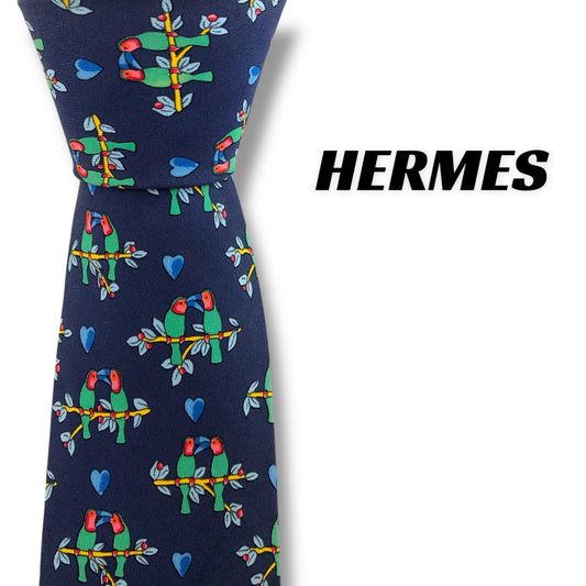 【7442】良品！エルメス　ネクタイ　ネイビー系　鳥柄