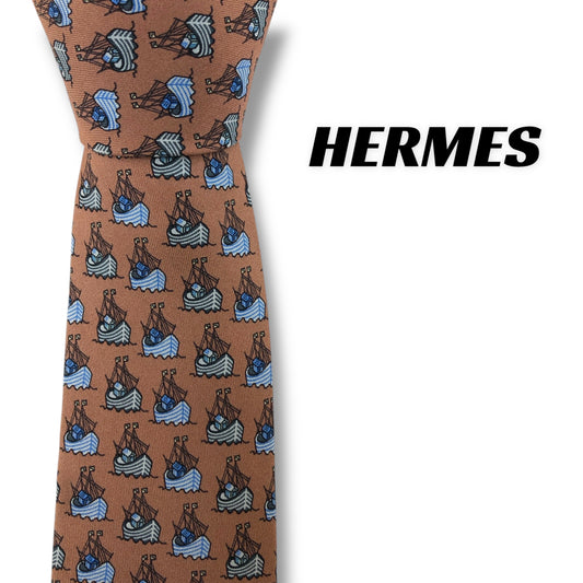 【7445】美品！エルメス　ネクタイ　赤茶色系