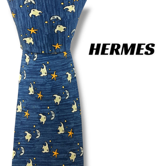 【7448】良品！エルメス　ネクタイ　ブルー系　魚柄