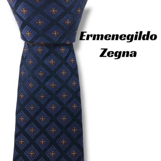 【7451】良品！エルメニジルドゼニア　ネクタイ　ブルー系　ブラウン系