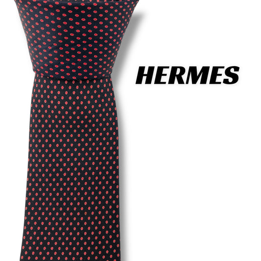 [7456] Good condition Hermes necktie, red x navy 