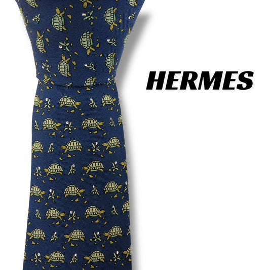 [7459] Beautiful item! Hermes tie, navy, turtle pattern 