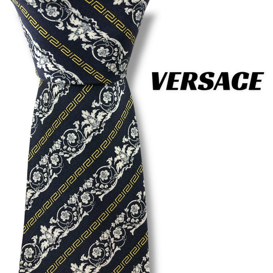 [7470] Beautiful item! Versace tie in black with floral pattern 