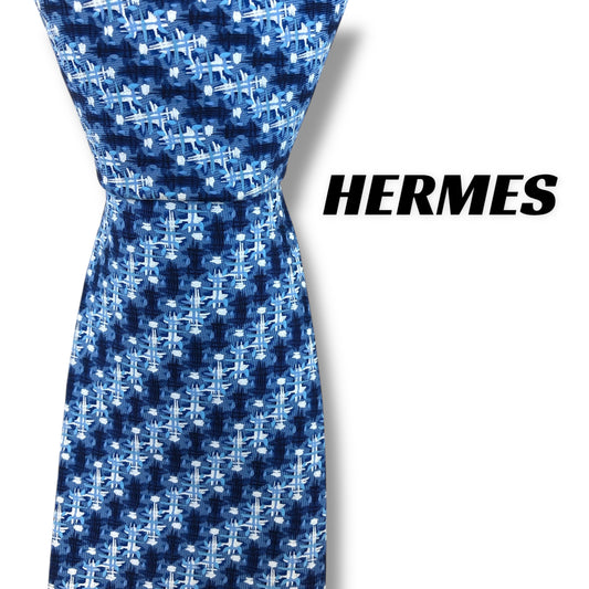 【7480】美品！エルメス　ネクタイ　ブルー系