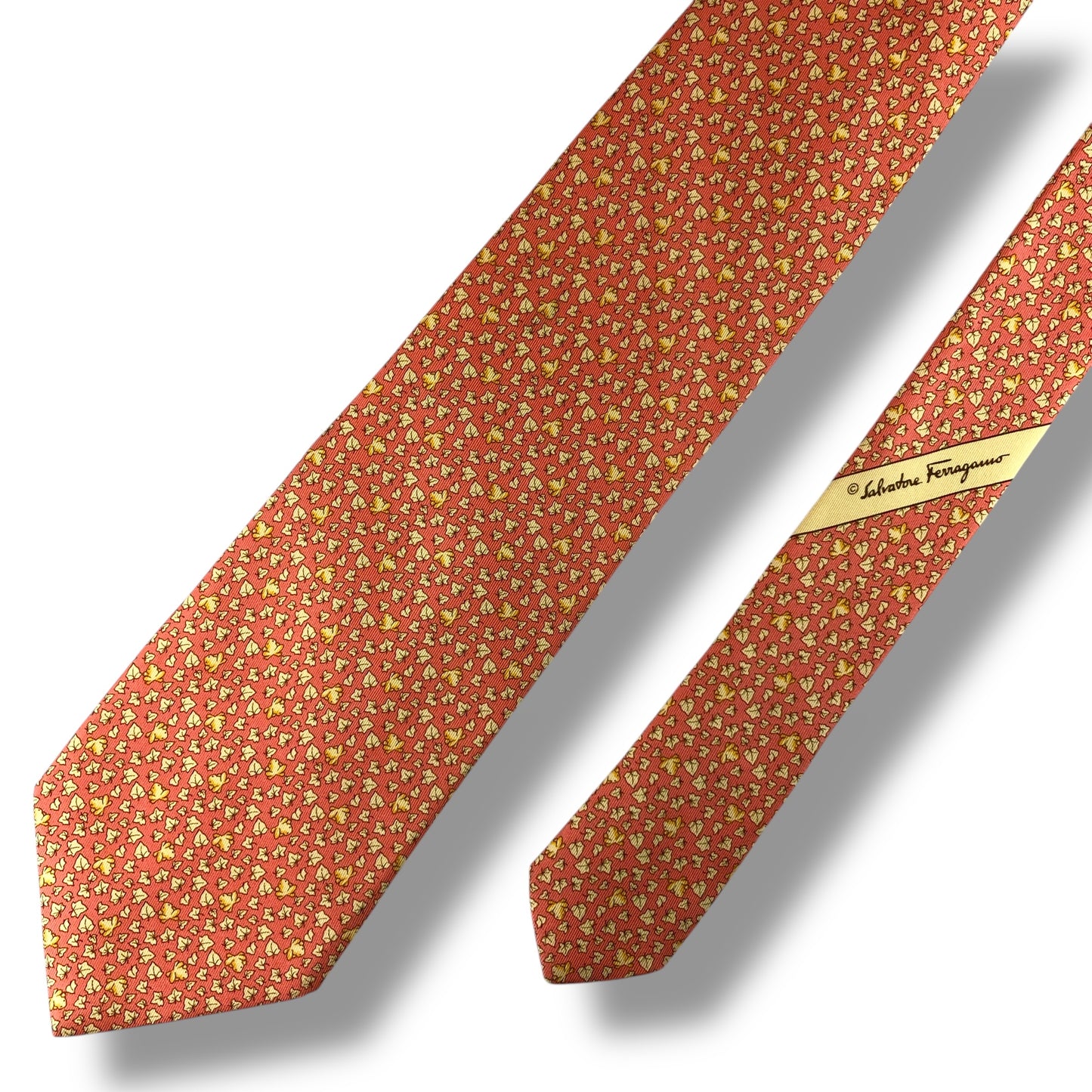 【7525】美品！サルヴァトーレフェラガモ　ネクタイ　オレンジ系　葉柄　カエル柄
