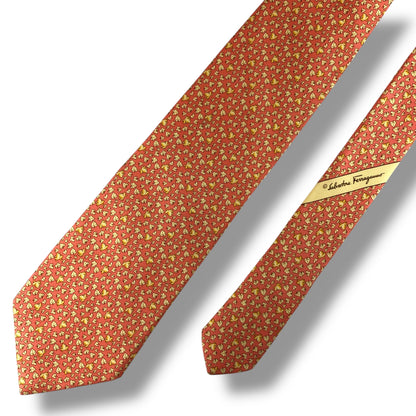 【7525】美品！サルヴァトーレフェラガモ　ネクタイ　オレンジ系　葉柄　カエル柄
