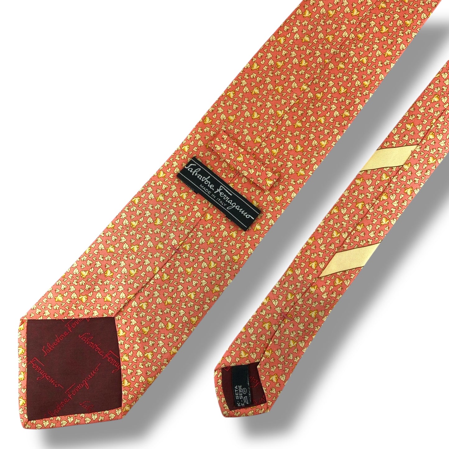 【7525】美品！サルヴァトーレフェラガモ　ネクタイ　オレンジ系　葉柄　カエル柄
