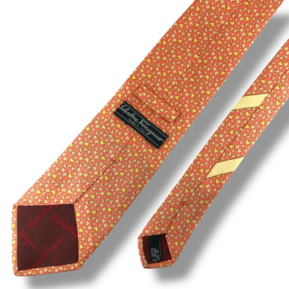 【7525】美品！サルヴァトーレフェラガモ　ネクタイ　オレンジ系　葉柄　カエル柄