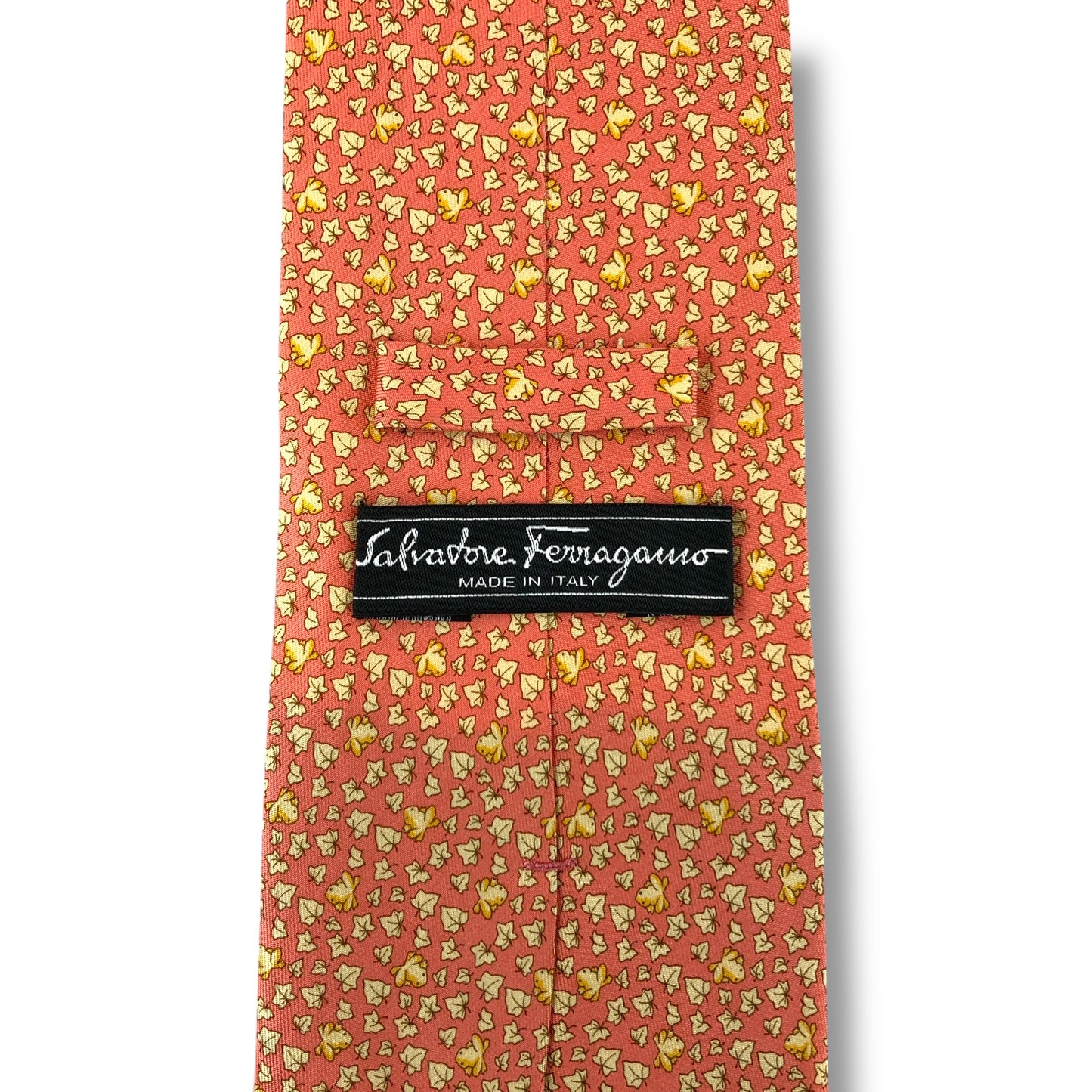 【7525】美品！サルヴァトーレフェラガモ　ネクタイ　オレンジ系　葉柄　カエル柄