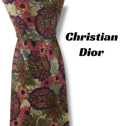 【7535】美品！クリスチャンディオール　ネクタイ　ベージュ系　花柄系