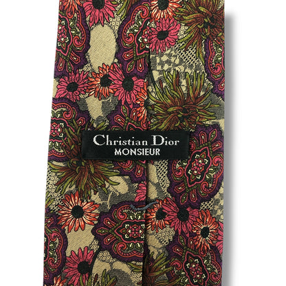 【7535】美品！クリスチャンディオール　ネクタイ　ベージュ系　花柄系