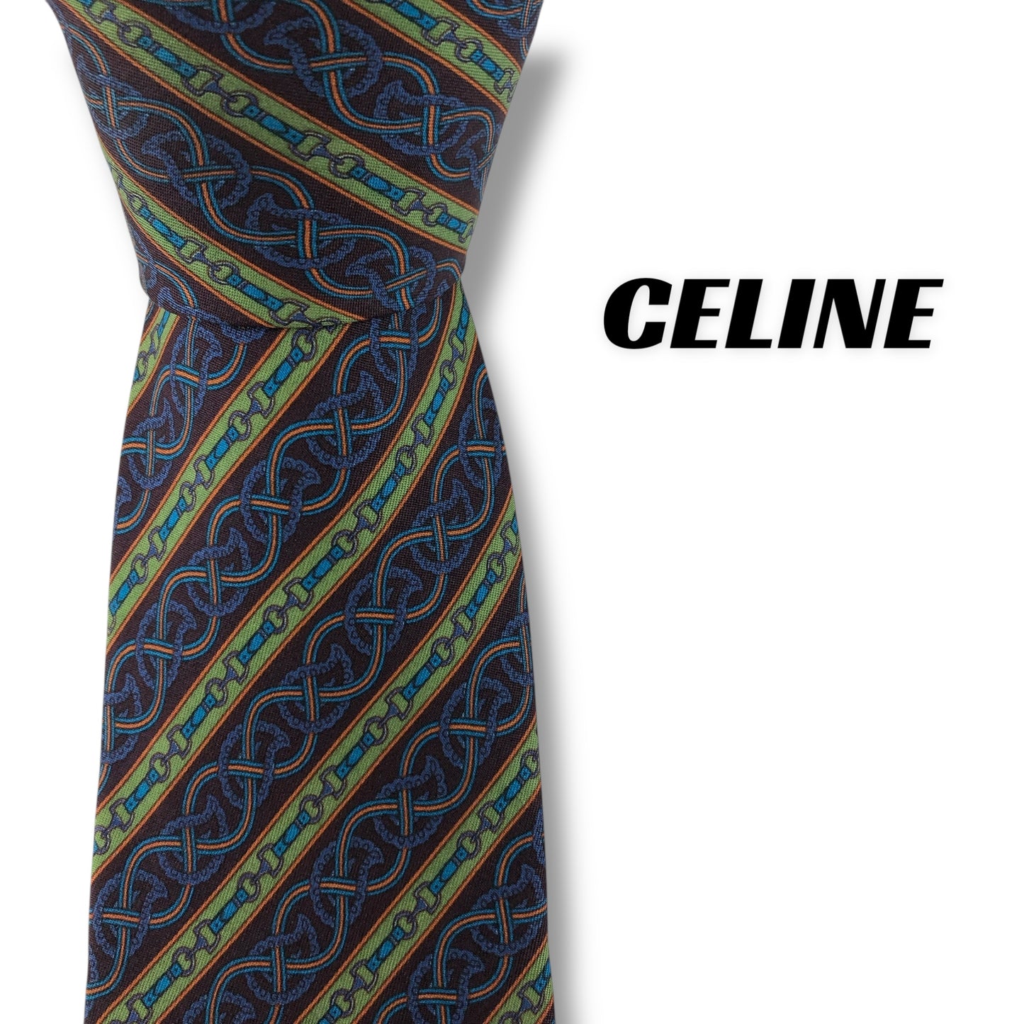 【7550】美品！セリーヌ　ネクタイ　ブルー系　グリーン系