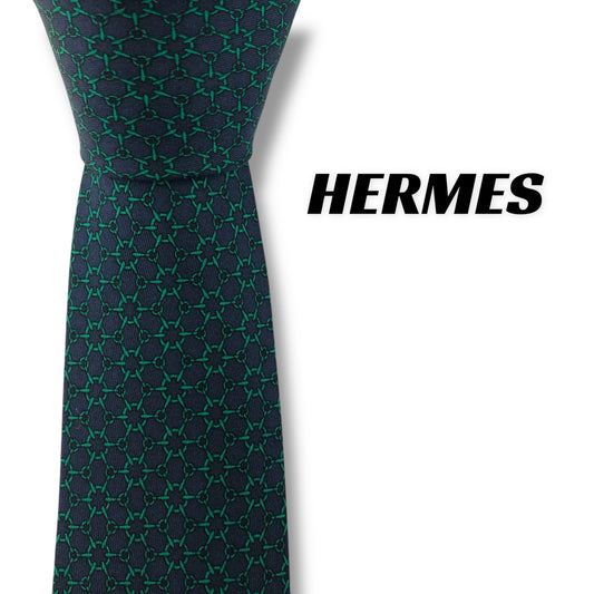 【7553】良品！エルメス　ネクタイ　グリーン系